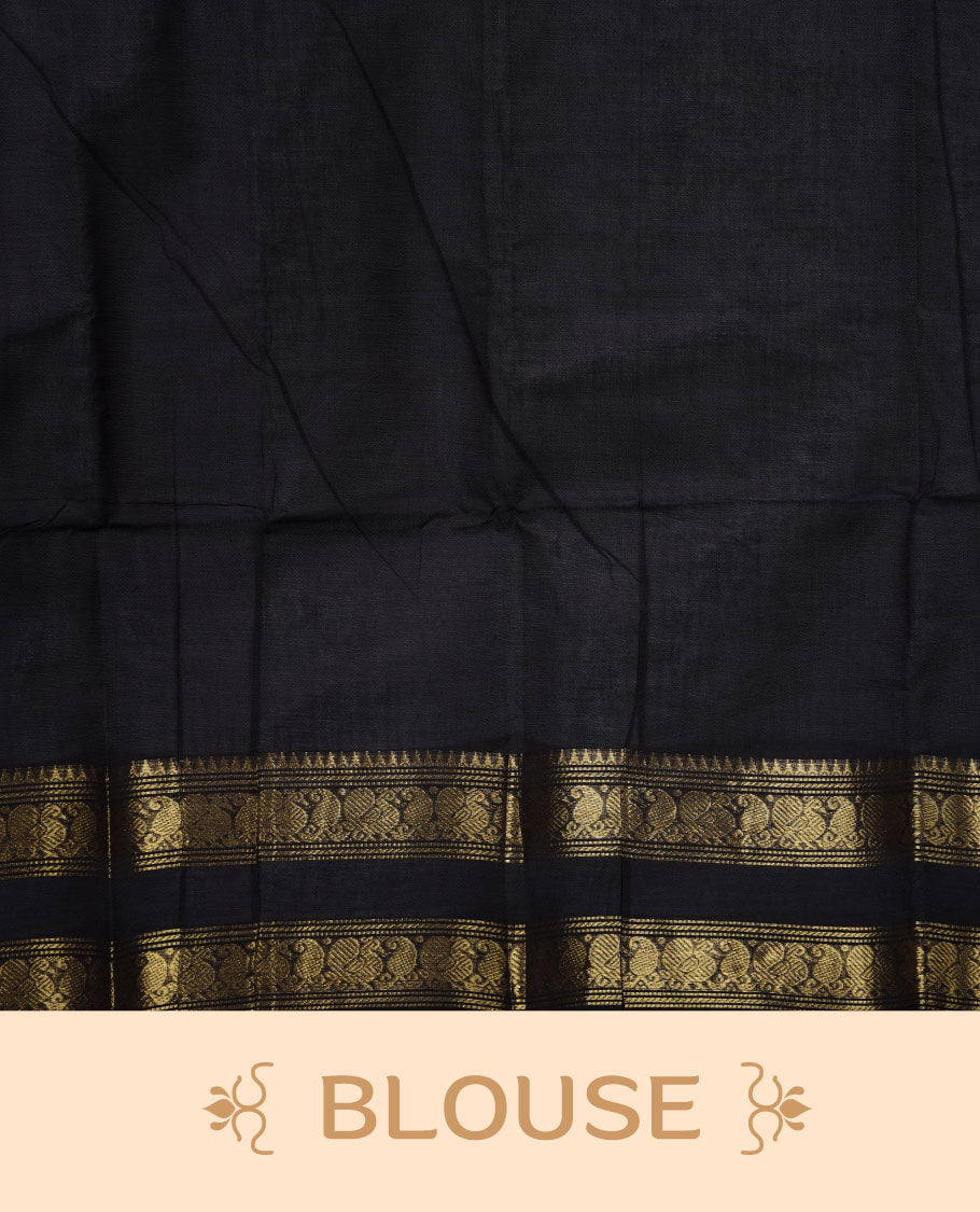 Dark Navy Blue colour chettinad cotton saree featuring plain body, with matching traditional gold zari border paired with matching blouse.