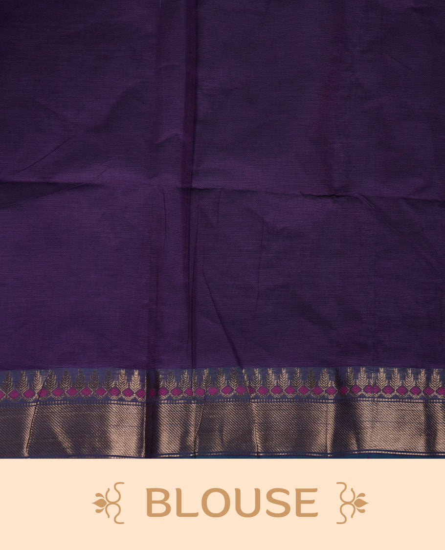 Purple colour chettinad cotton saree featuring Elegant plain body, contrast green colour border with gold zari border, pallu and paired with matching blouse.
