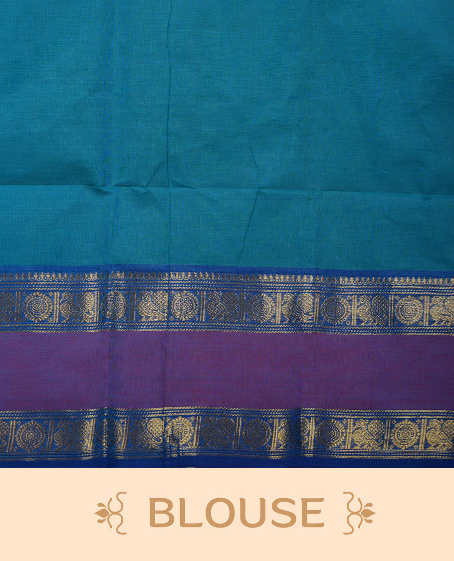 Aqua lake colour chettinad cotton saree featuring elegant plain body highlighting contrast magenta and blue colour with gold zari Peacock border, pallu and paired with matching blouse piece.