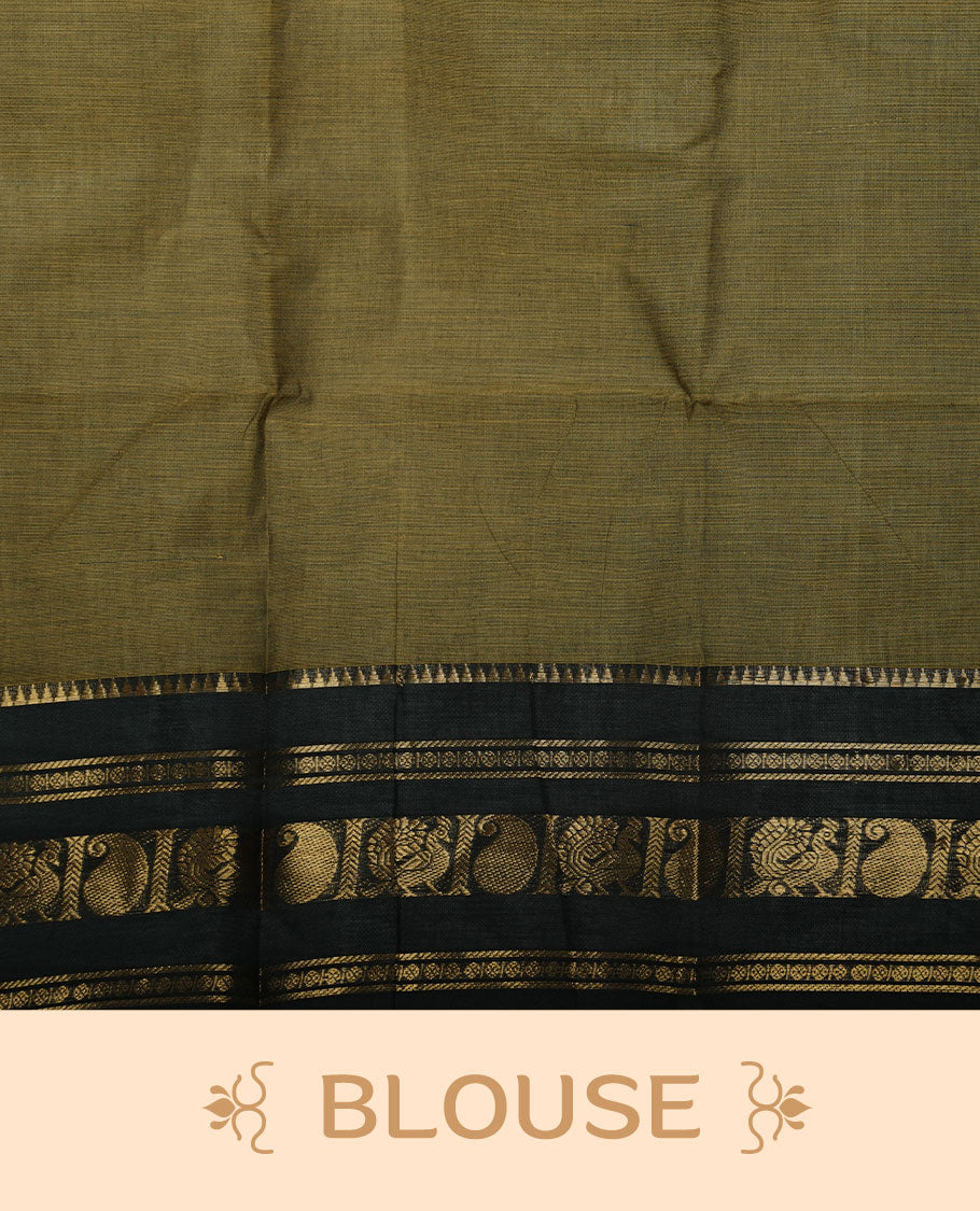 Olive Drab colour chettinad cotton saree featuring plain body, paired with a black colour traditional gold zari border paired with matching blouse.