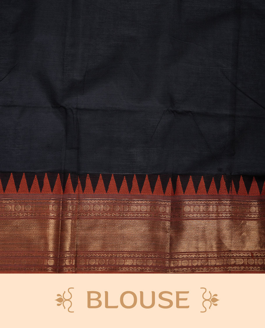 Black colour chettinad cotton saree featuring Elegant plain body highlighting contrast orange colour colour with gold zari traditional border, pallu and paired with matching blouse piece.