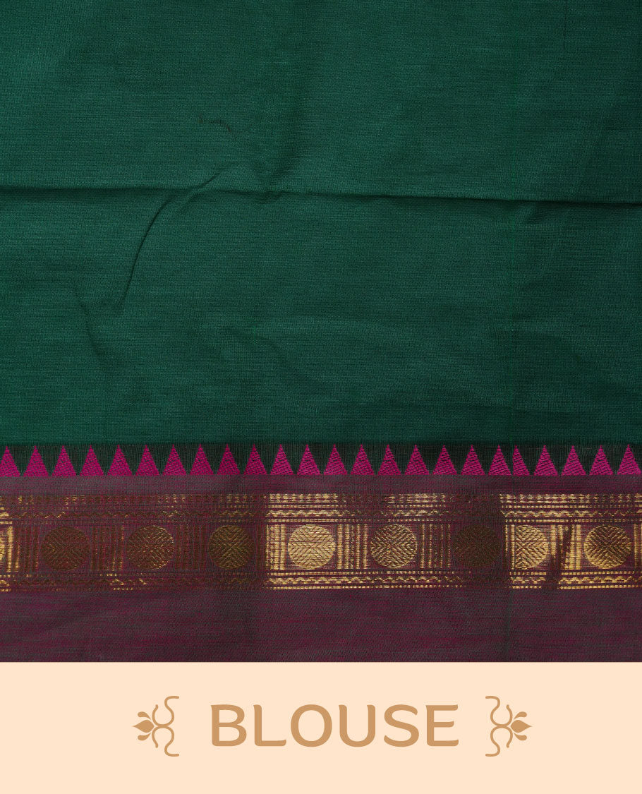 Dark green colour chettinad cotton saree featuring Elegant plain body, contrast Meganta colour border with gold zari chakra and temple border, pallu and paired with matching blouse.