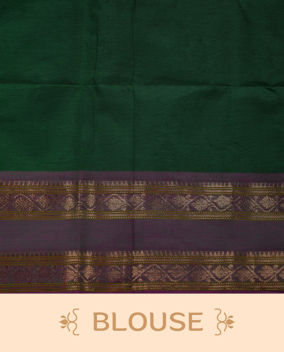 Dark green colour chettinad cotton saree featuring Elegant plain body, contrast Dusty Magenta colour border with gold zari border, pallu and paired with matching blouse.