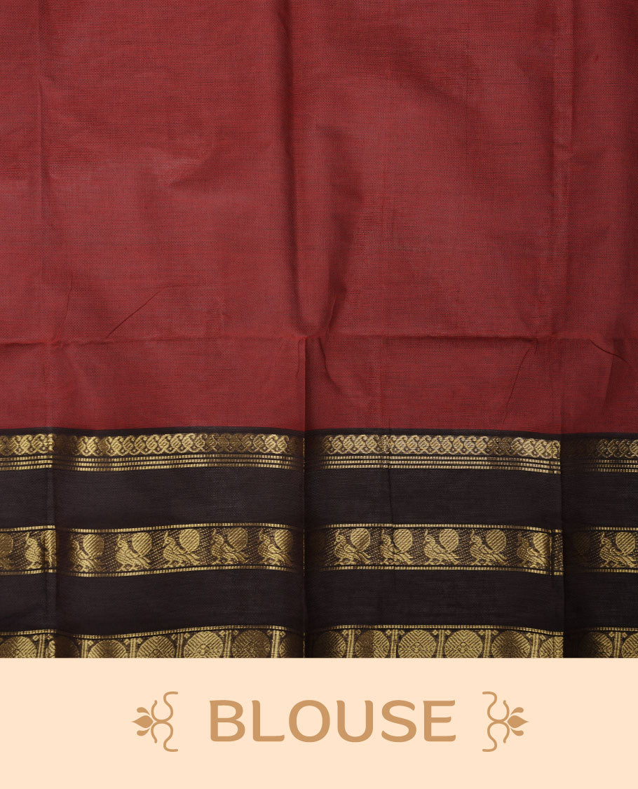 Red colour chettinad cotton saree featuring plain body, contrast chocolate brown colour with traditional gold zari border paired with matching blouse.