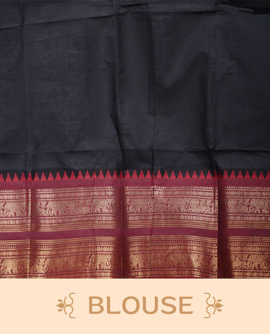 Black colour chettinad cotton saree featuring plain body, contrast maroon colour with traditional gold zari border paired with matching blouse.