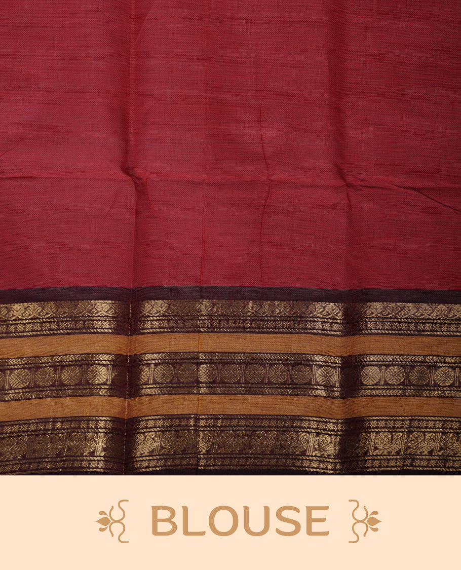 Red colour chettinad cotton saree featuring plain body, contrast chocolate brown and mustard colour with traditional gold zari border paired with matching blouse.