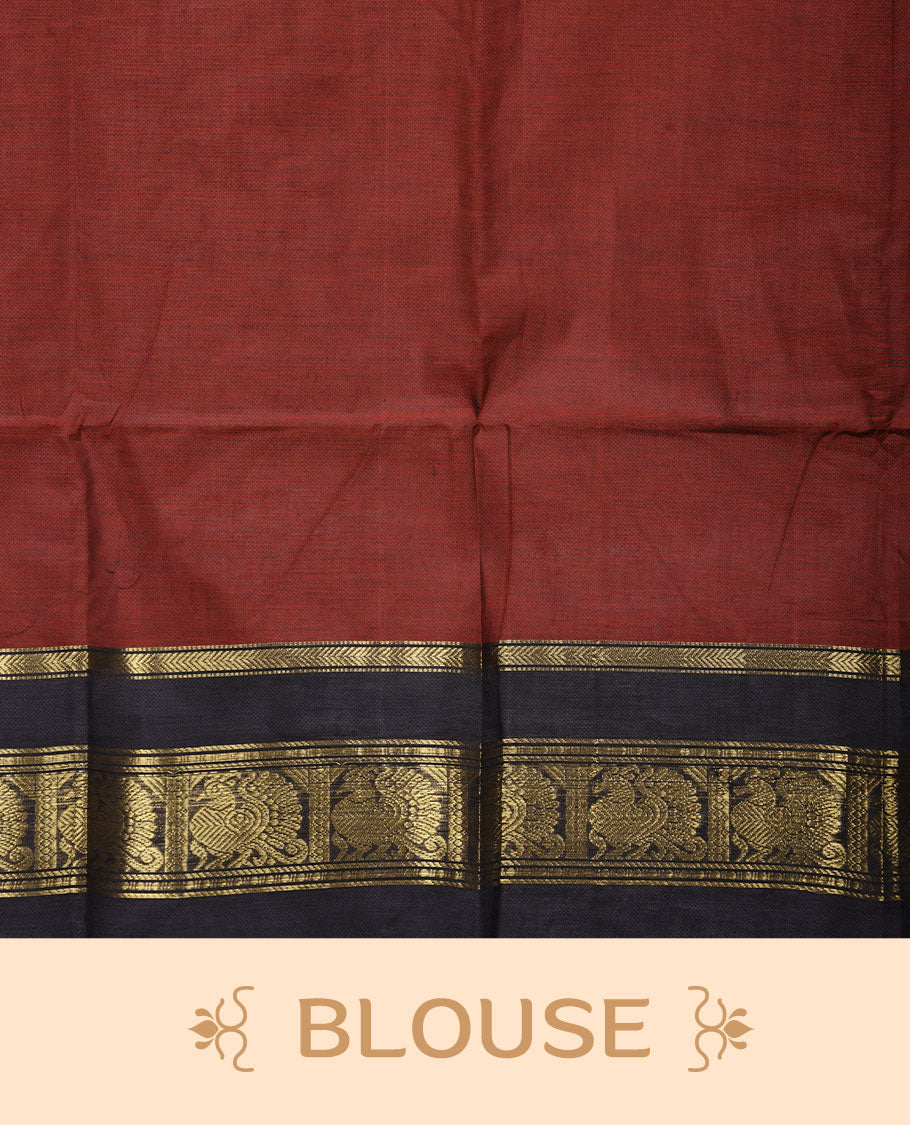 Maroon colour chettinad cotton saree featuring plain body, contrast black colour with traditional gold zari border paired with matching blouse.