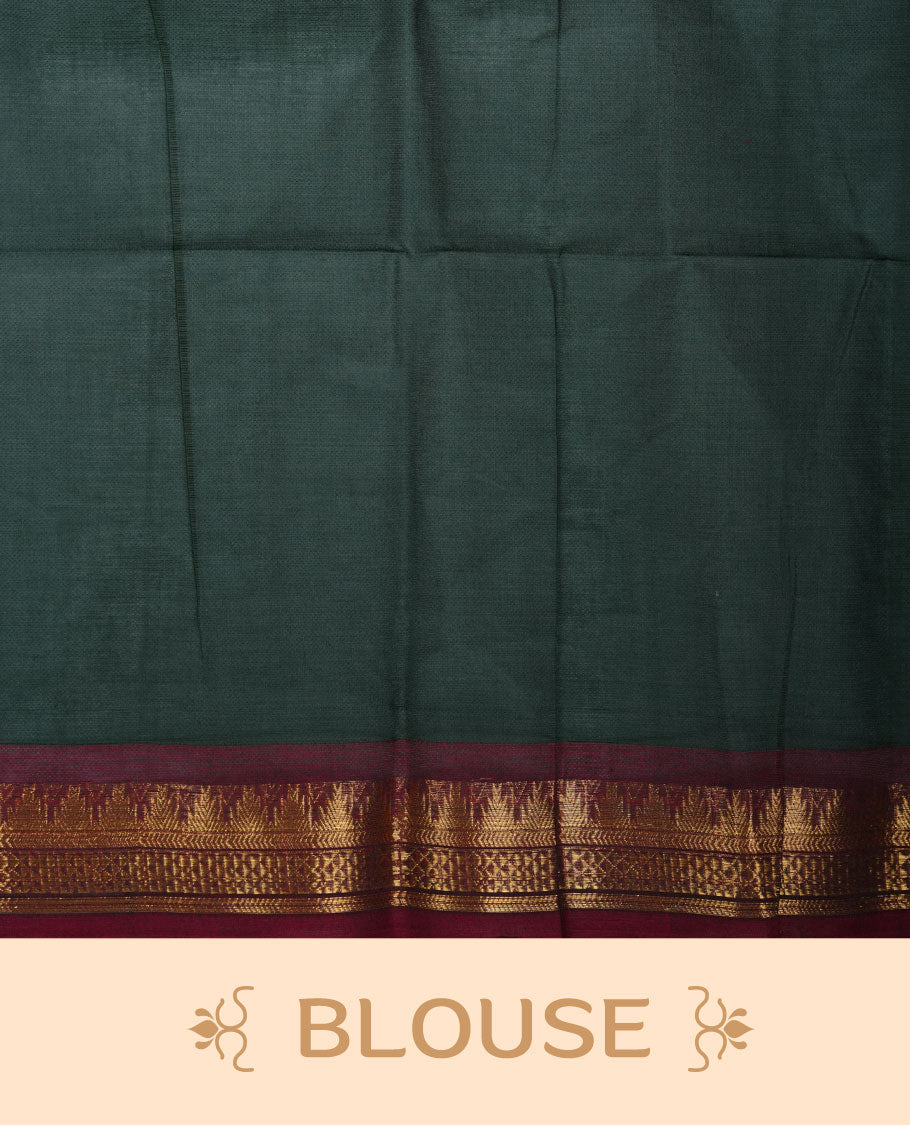 Dark green colour chettinad cotton saree featuring gold zari motifs on body, contrast Red colour with traditional gold zari border paired with matching blouse.