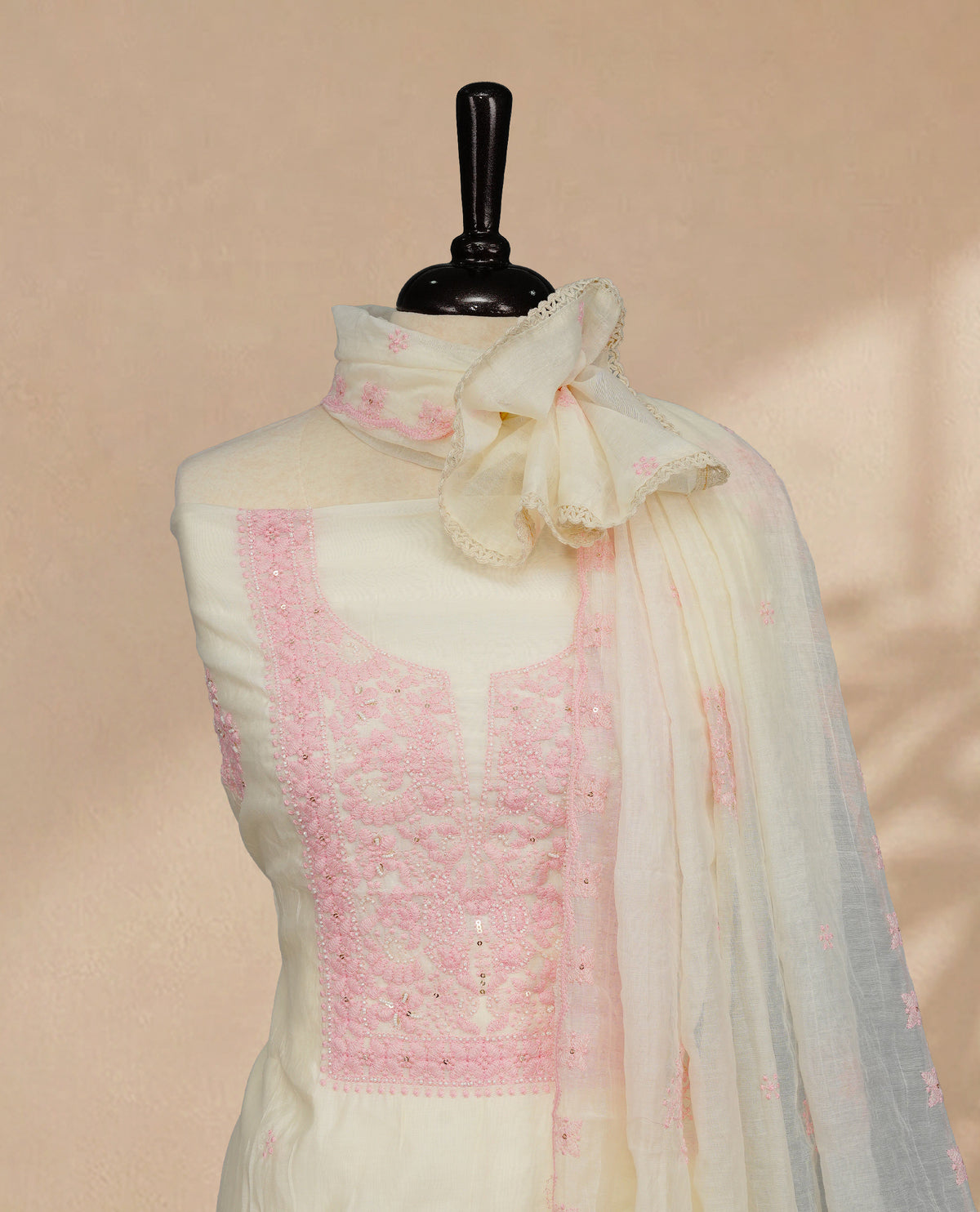 Ivory Colour Mul Chanderi Salwar material featuring Baby Pink Embroidery & Delicate Bead Work on body, paired with Santon bottom & Embroidery Worked Dupatta With Scallop border.