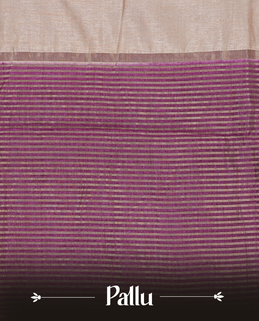 Cream colour Tussar silk saree Featuring Elegant Plain body, complemented by Contrast Purple colour with gold zari border, paired with matching blouse piece.