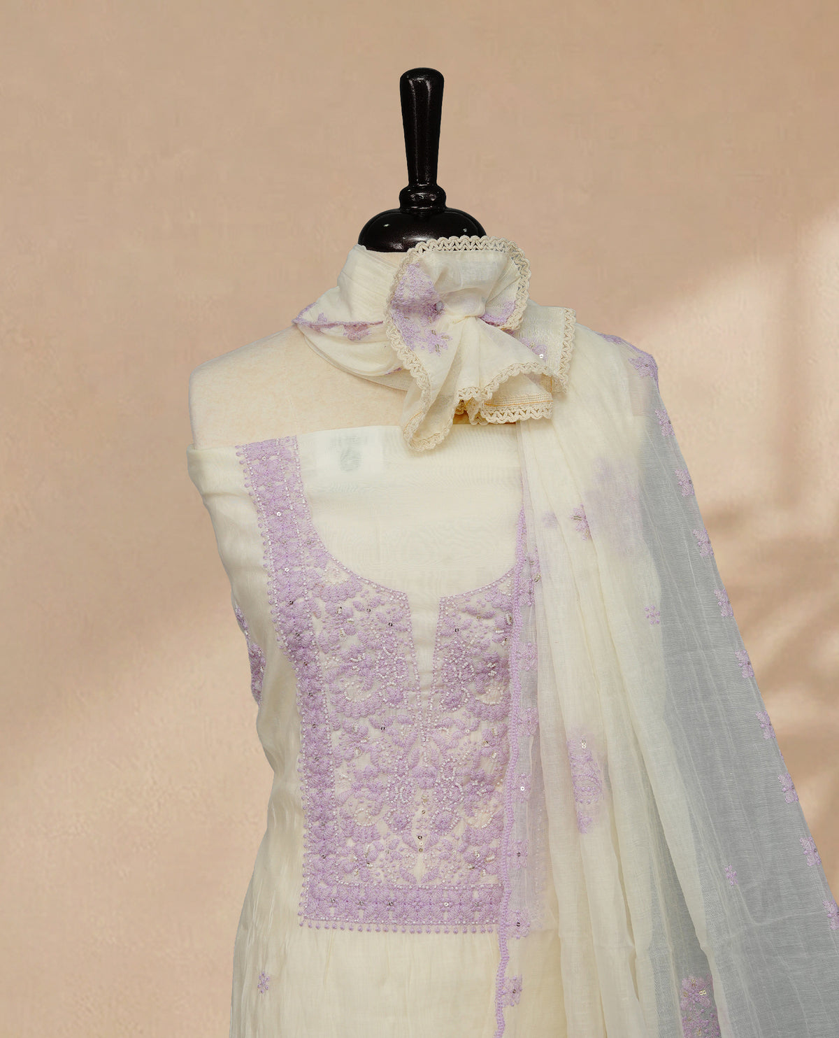 Ivory Colour Mul Chanderi Salwar material featuring Lavender Embroidery & Delicate Bead Work on body, paired with Santon bottom & Embroidery Worked Dupatta With Scallop border.