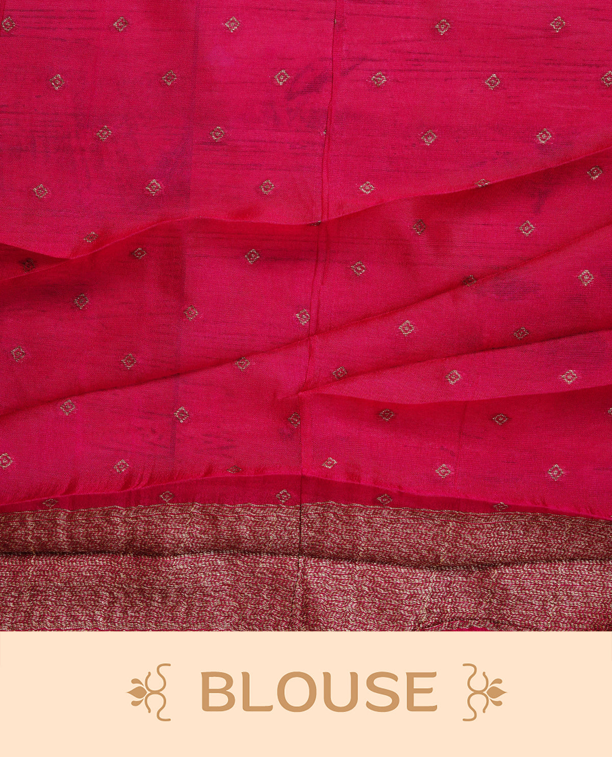 Pink colour semi banaras tussar georgette saree featuring gold zari pattern on body, finished with gold zari temple border and paired with matching blouse piece.