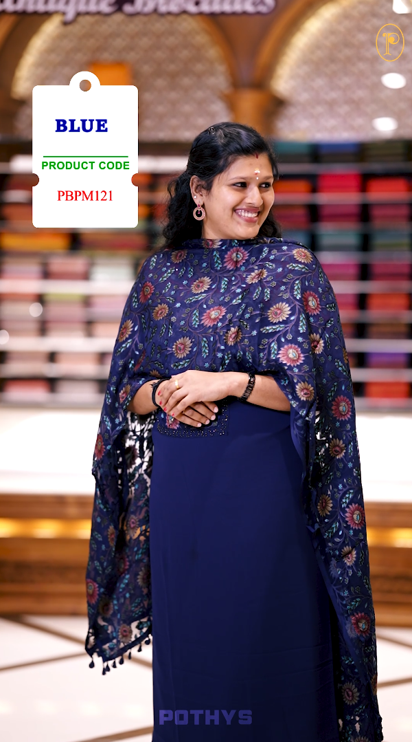 Blue Colour Chiffon partywear churidhar material featuring floral digital print