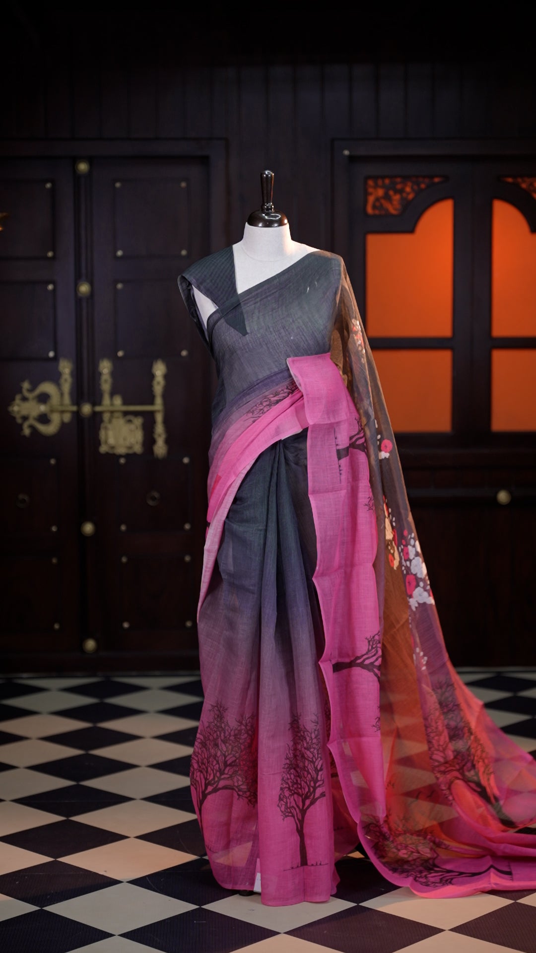 Pink colour Semi Jute Texture saree with the beauty of digital print ombre effect on body, comes with a matching modern striped blouse.