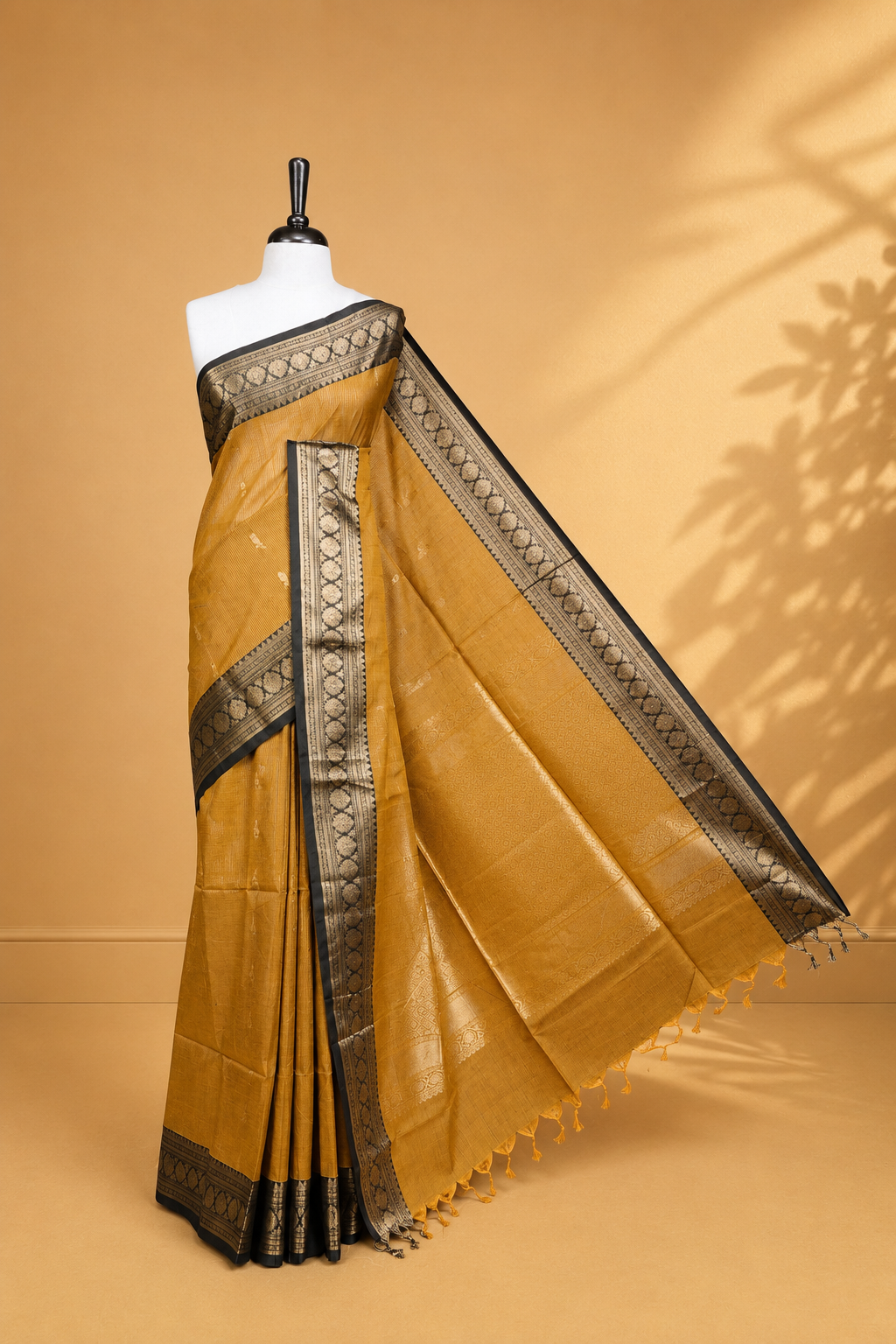 Mustard colour chettinad cotton saree featuring gold zari stripes & motifs on body, complemented by Contrast Black colour with zari border, paired with matching blouse piece.