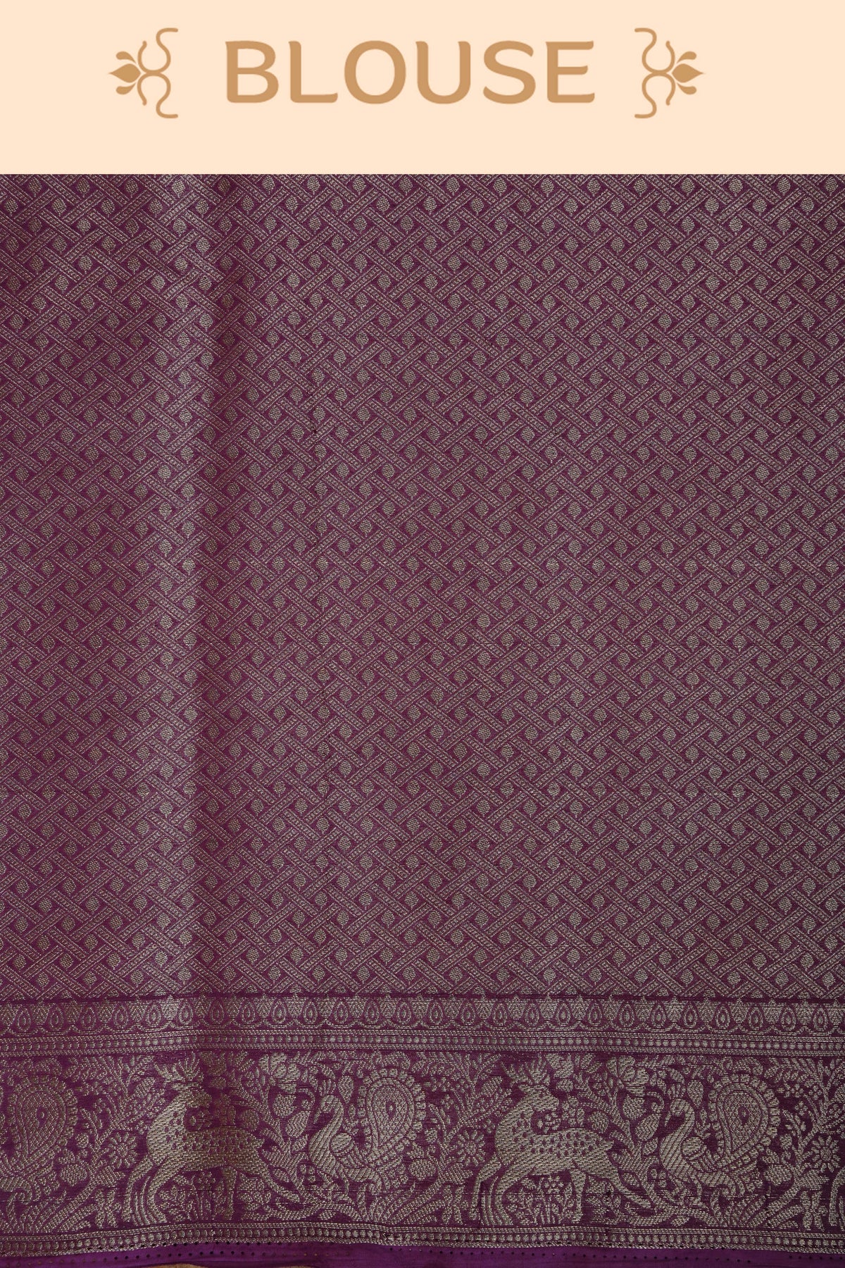 Plum colour georgette saree having plain body, peacock & deer gold zari detailed border, comes with matching blouse piece