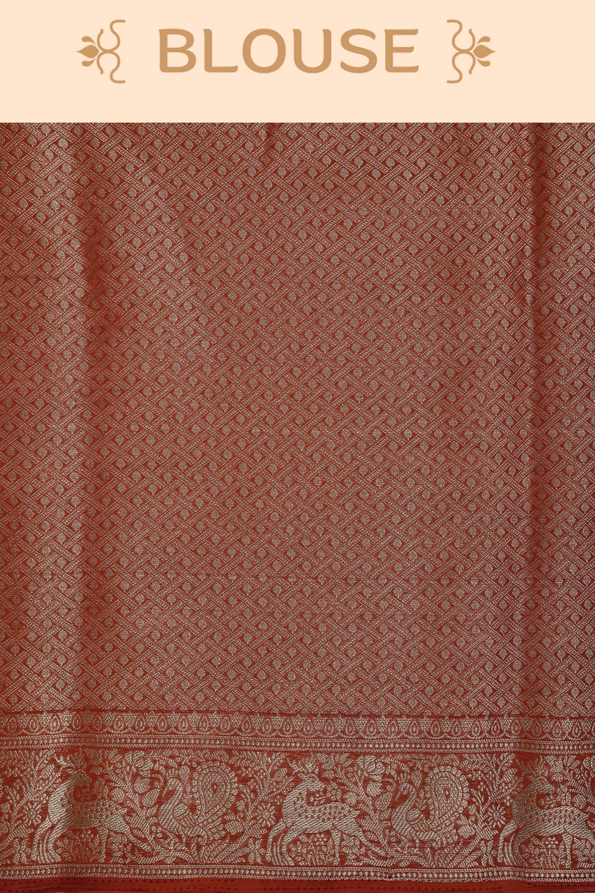 Rust orange colour georgette saree having plain body, peacock & deer gold zari detailed border, comes with matching blouse piece