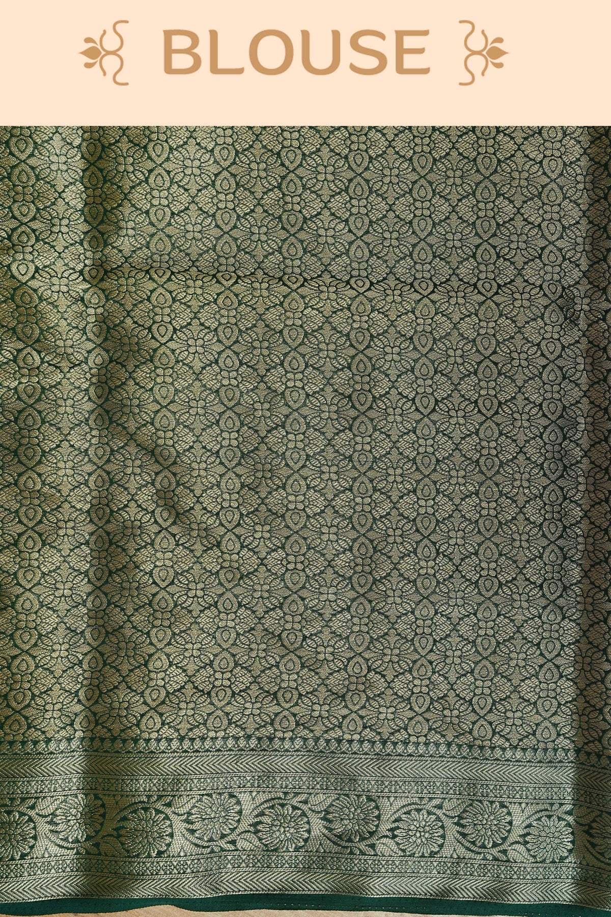 Bottle green colour georgette saree having plain boy, Floral Gold zari detailed pattern border, comes with matching blouse piece
