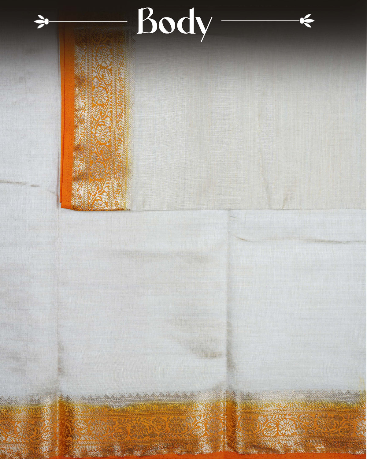 Cream colour Tussar silk saree Featuring Plain body, complemented by Contrast light orange colour gold zari floral patterns on border, paired with matching blouse piece.