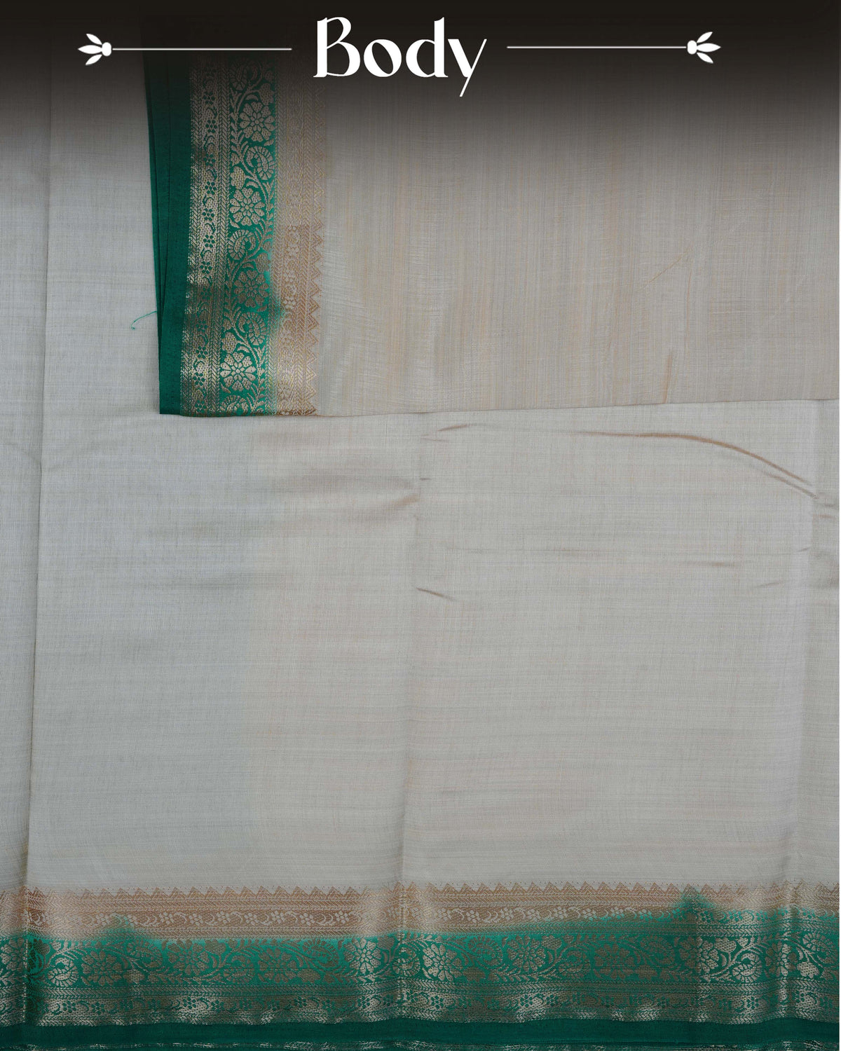 Cream colour Tussar silk saree Featuring Plain body, complemented by Contrast green colour gold zari floral patterns on border, paired with matching blouse piece.