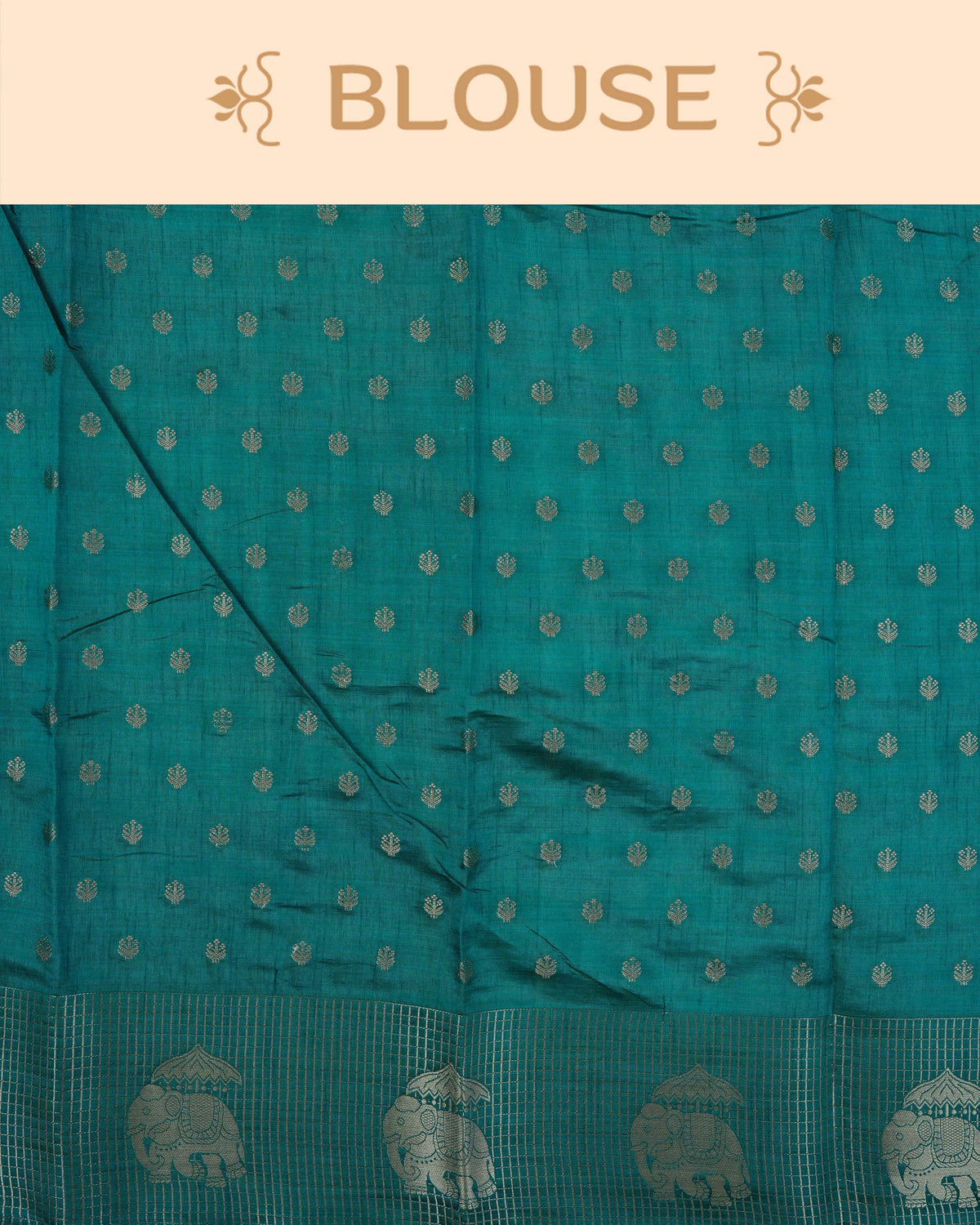 Cream colour Tussar silk saree Featuring buttas on body, complemented by Contrast bottle green colour gold zari check pattern with elephant motifs on border, paired with matching blouse piece.