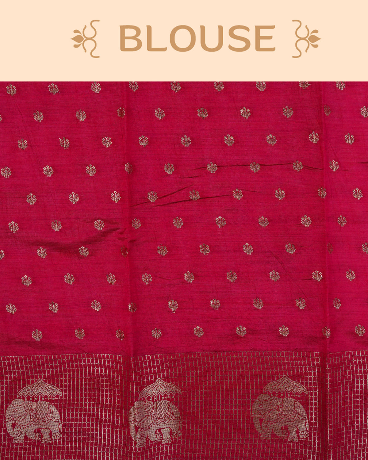 Cream colour Tussar silk saree Featuring buttas on body, complemented by Contrast pink colour gold zari check pattern with elephant motifs on border, paired with matching blouse piece.