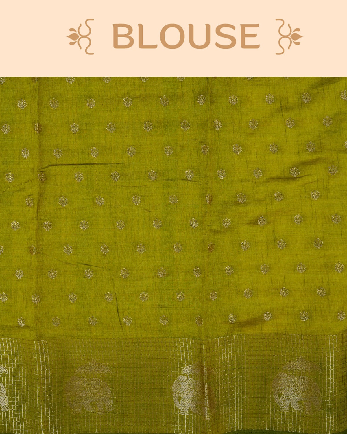 Cream colour Tussar silk saree Featuring buttas on body, complemented by Contrast olive green colour gold zari check pattern with elephant motifs on border, paired with matching blouse piece.