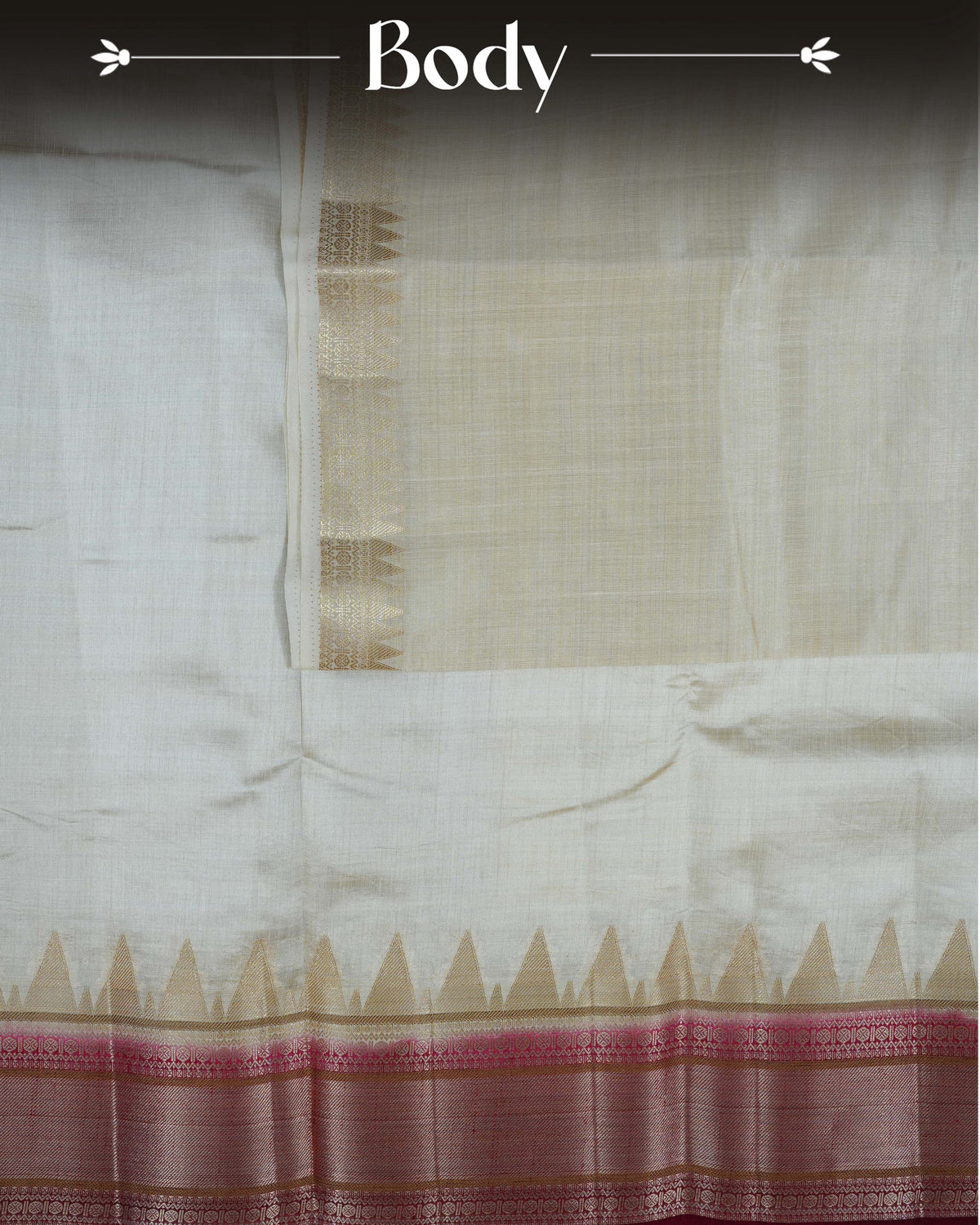 Cream colour Tussar silk saree Featuring Plain body, complemented by Contrast maroon colour gold zari temple & zari border, paired with matching blouse piece.