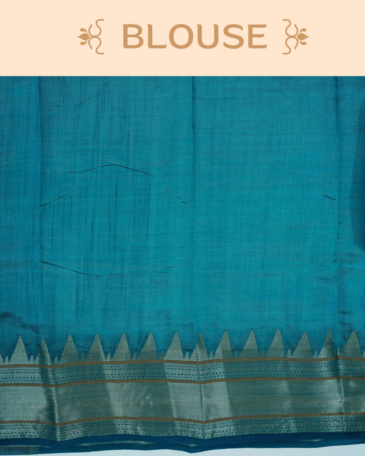 Cream colour Tussar silk saree Featuring Plain body, complemented by Contrast teal green colour gold zari temple & zari border, paired with matching blouse piece.