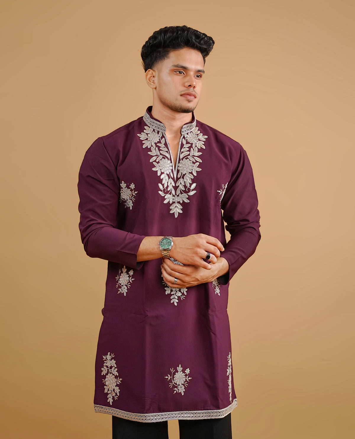 Wine colour men's kurta featuring elegant Thread work on body, complemented by sleeves for a refined and festive look.