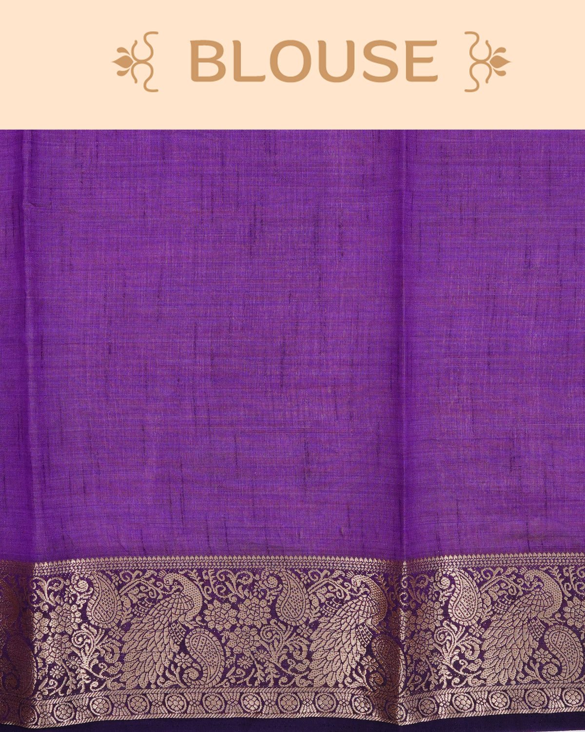 Cream colour Tussar silk saree Featuring Plain body, complemented by Contrast purple colour with gold zari peacock & mango motifs on border, paired with matching blouse piece.
