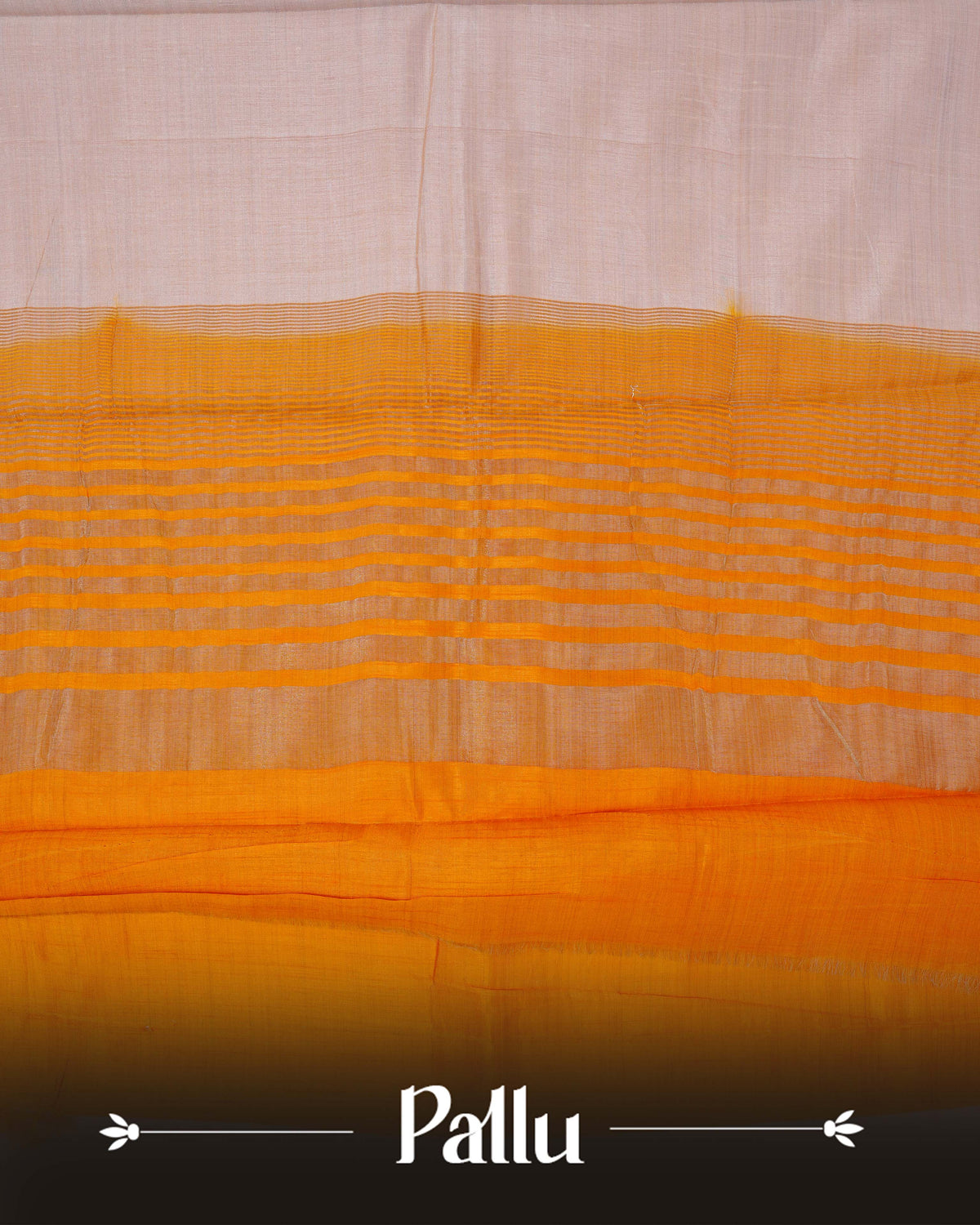 Cream colour Tussar silk saree Featuring Plain body, complemented by Contrast orange colour gold zari elephant & tree motifs on border, paired with matching blouse piece.