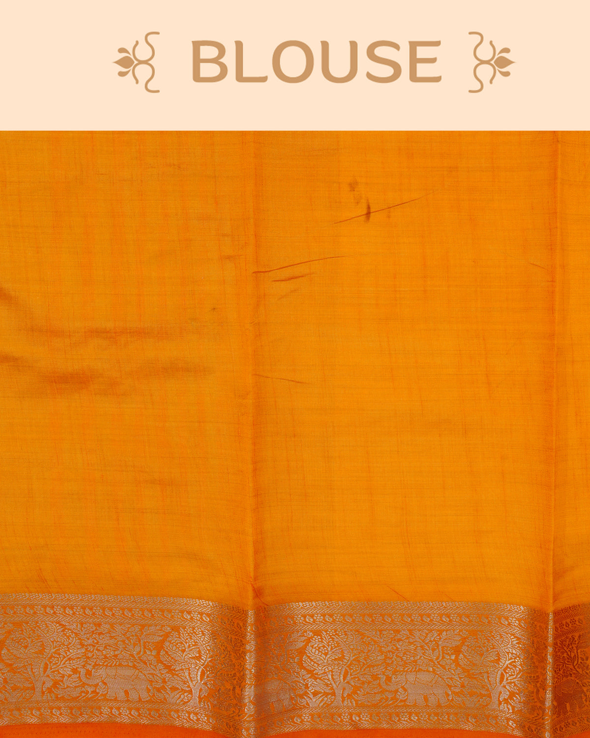 Cream colour Tussar silk saree Featuring Plain body, complemented by Contrast orange colour gold zari elephant & tree motifs on border, paired with matching blouse piece.