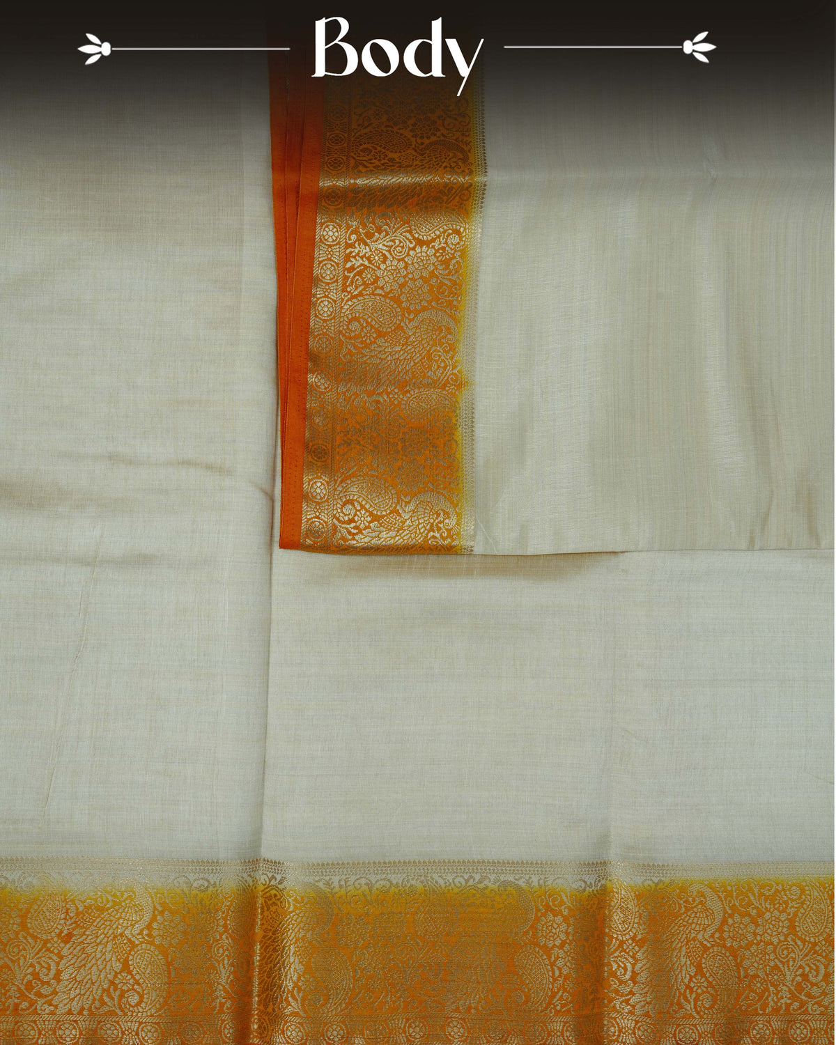 Cream colour Tussar silk saree Featuring Plain body, complemented by Contrast mustard yellow colour gold zari peacock & mango motifs on border, paired with matching blouse piece.