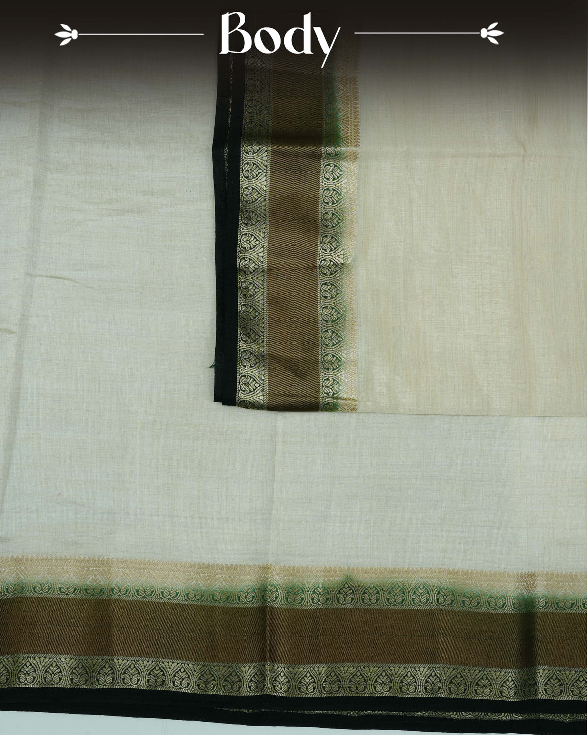 Cream colour Tussar silk saree Featuring Plain body, complemented by Contrast dark green colour double border with zari detailing, paired with matching blouse piece.