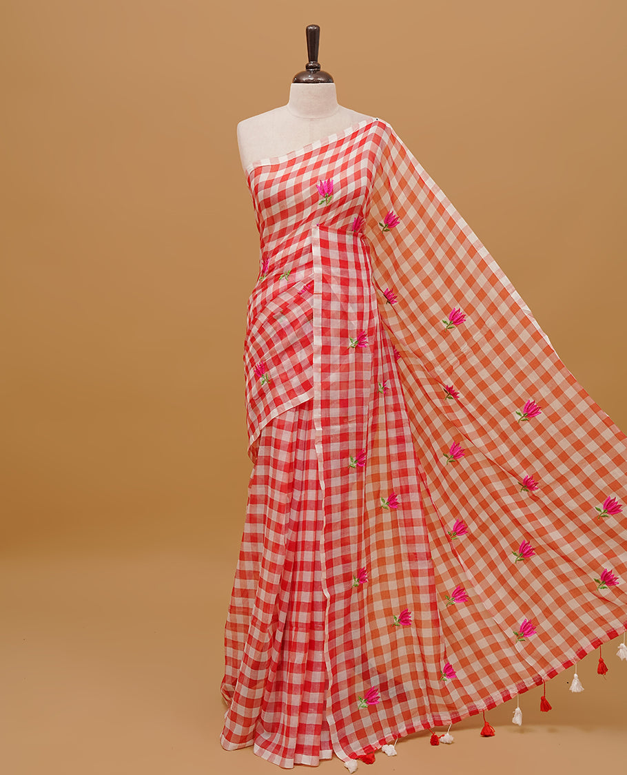 Red and White colour mul cotton saree