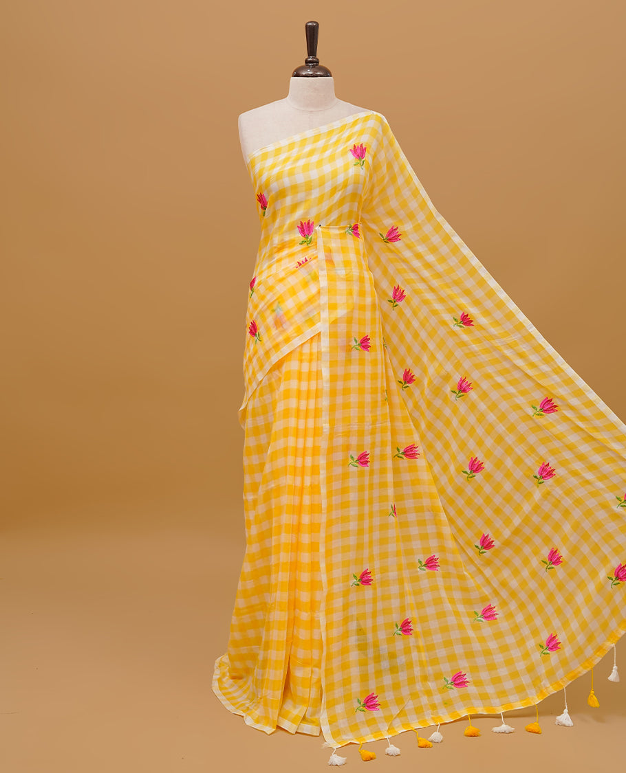 Yellow and White colour mul cotton saree