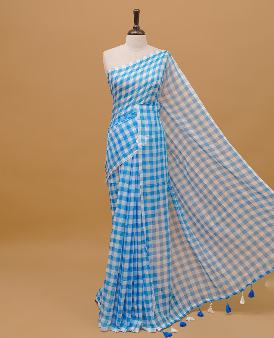 Skyblue & White coloured mul cotton saree