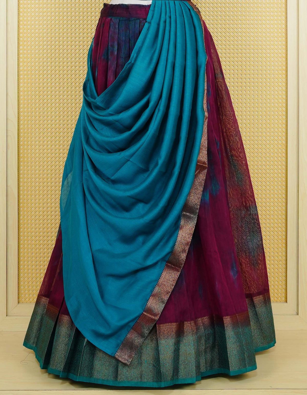 Wine colour semi linen Semi Stitched dhavani set Featuring Teal Colour Ombre shaded Body & contrast Teal Green Colour Border with Gold zari Details on skirt, Contrast Blouse piece & matching dupatta.