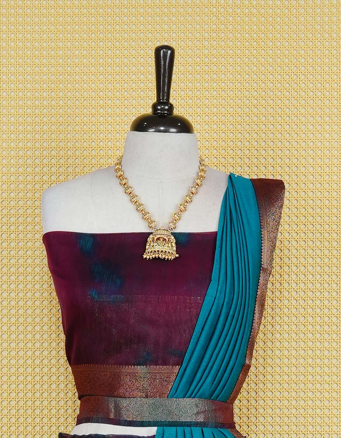 Wine colour semi linen Semi Stitched dhavani set Featuring Teal Colour Ombre shaded Body & contrast Teal Green Colour Border with Gold zari Details on skirt, Contrast Blouse piece & matching dupatta.
