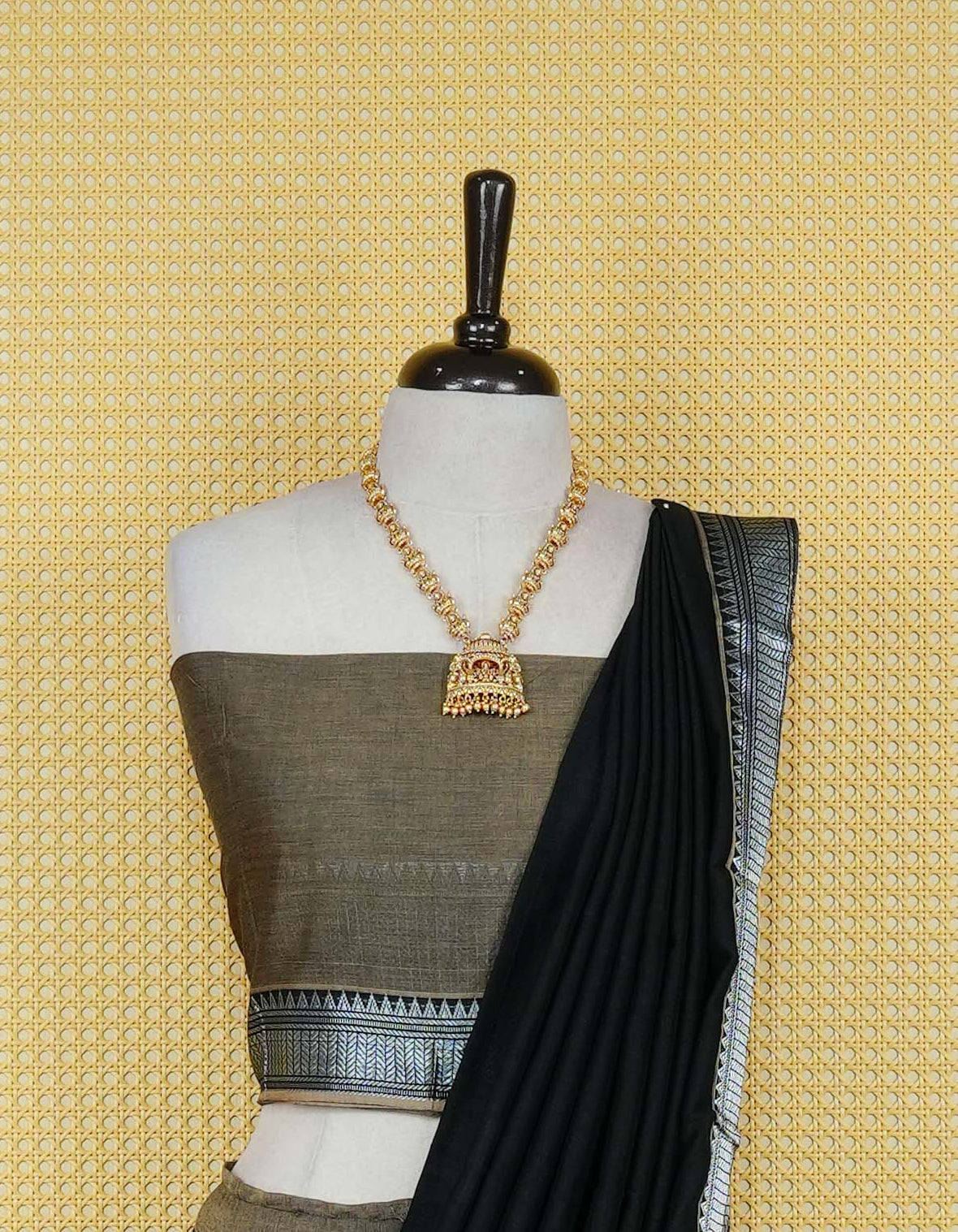 Khaki Grey colour Chettinad Semi Stitched dhavani set Featuring contrast Black Colour with Silver zari border on skirt, Contrast Blouse piece & matching dupatta.