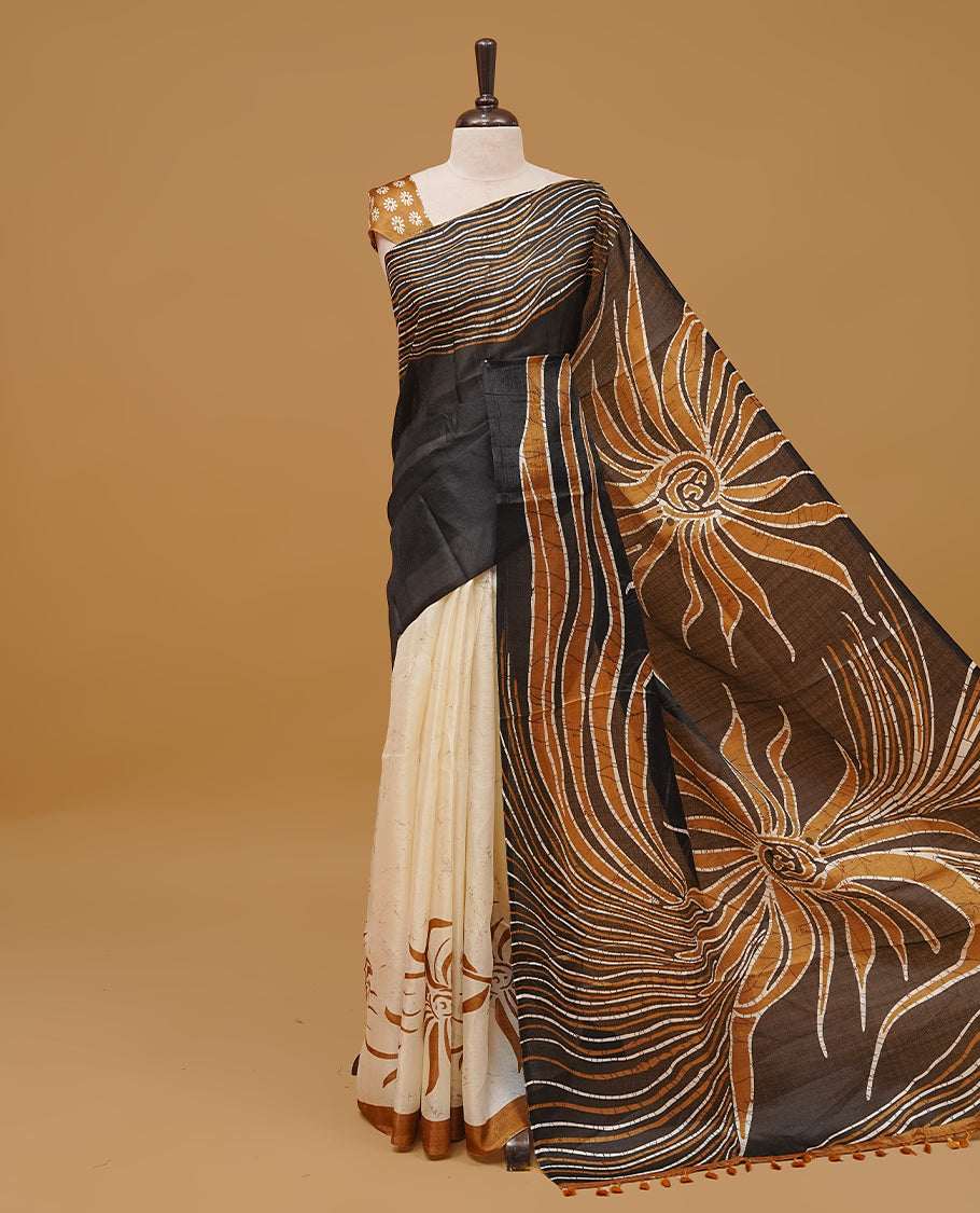 Olive and off white colour semi jute saree