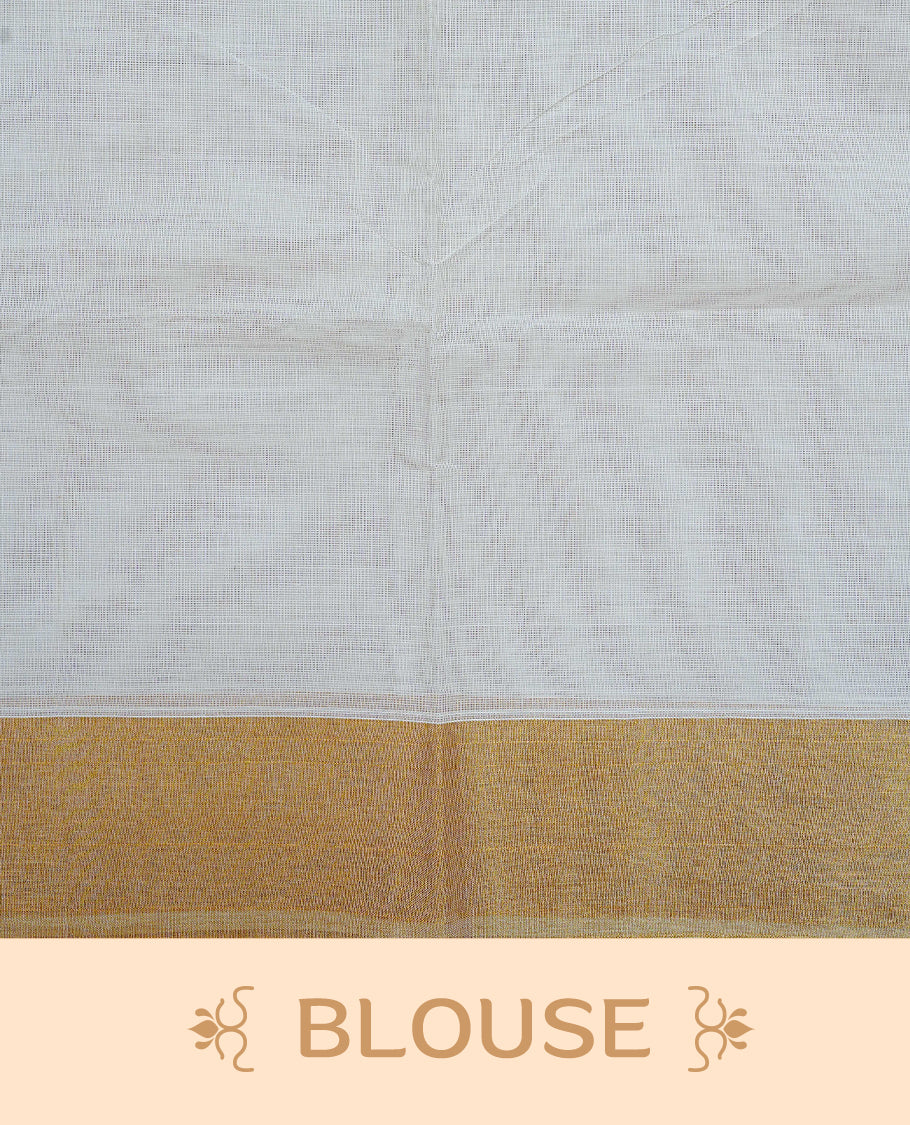 Cream Colour Cotton Kerala Saree Featuring an Elegant Plain Body, a Classy Gold Zari Border, and a Traditional Gold Zari Pallu with Orange Accents, Paired with a Matching Blouse Piece.