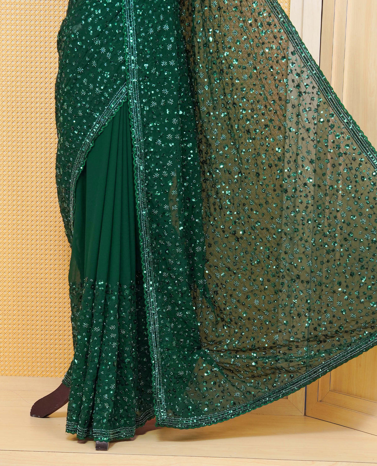Dark Green colour Organza saree with Cut Beats & Sequins.
