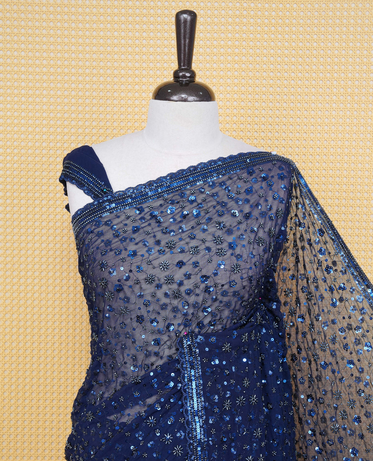 Navy Blue colour Organza saree with Cut Beats & Sequins.