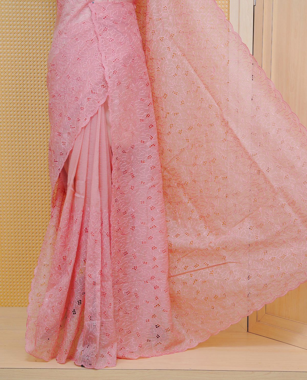 Pastel Peach colour Crush organza saree with Thread work.