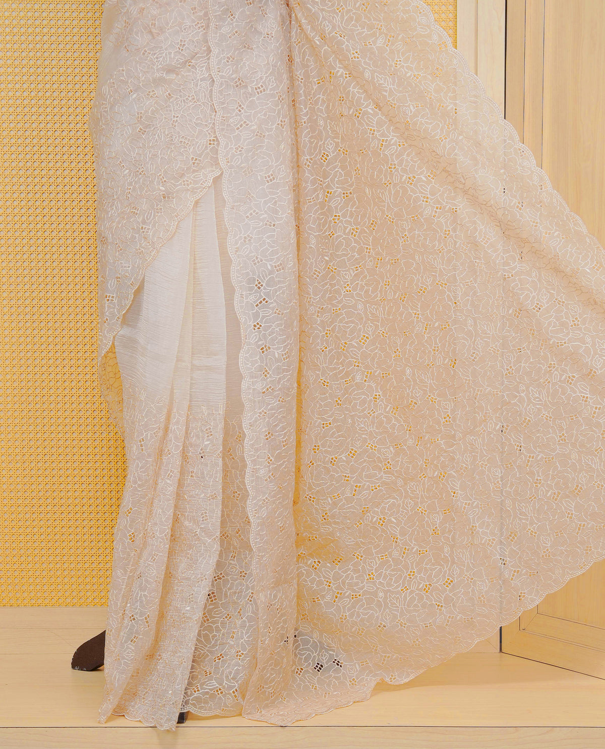 Cream colour Crush organza saree with Thread work.