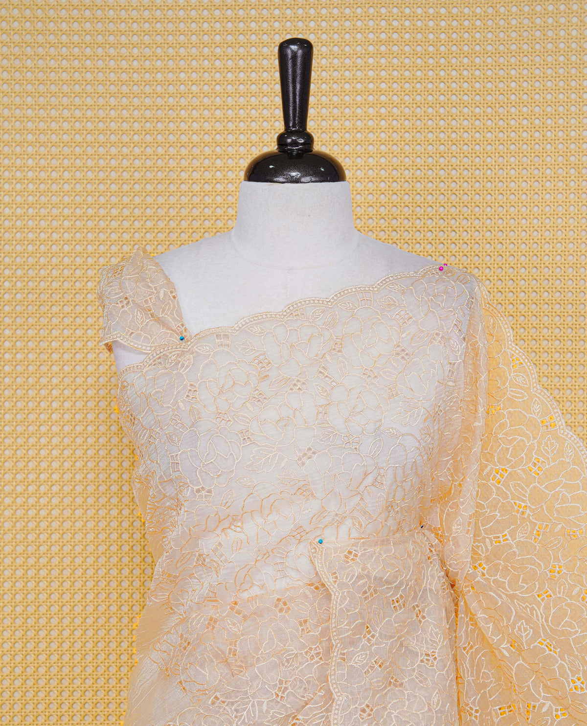 Cream colour Crush organza saree with Thread work.