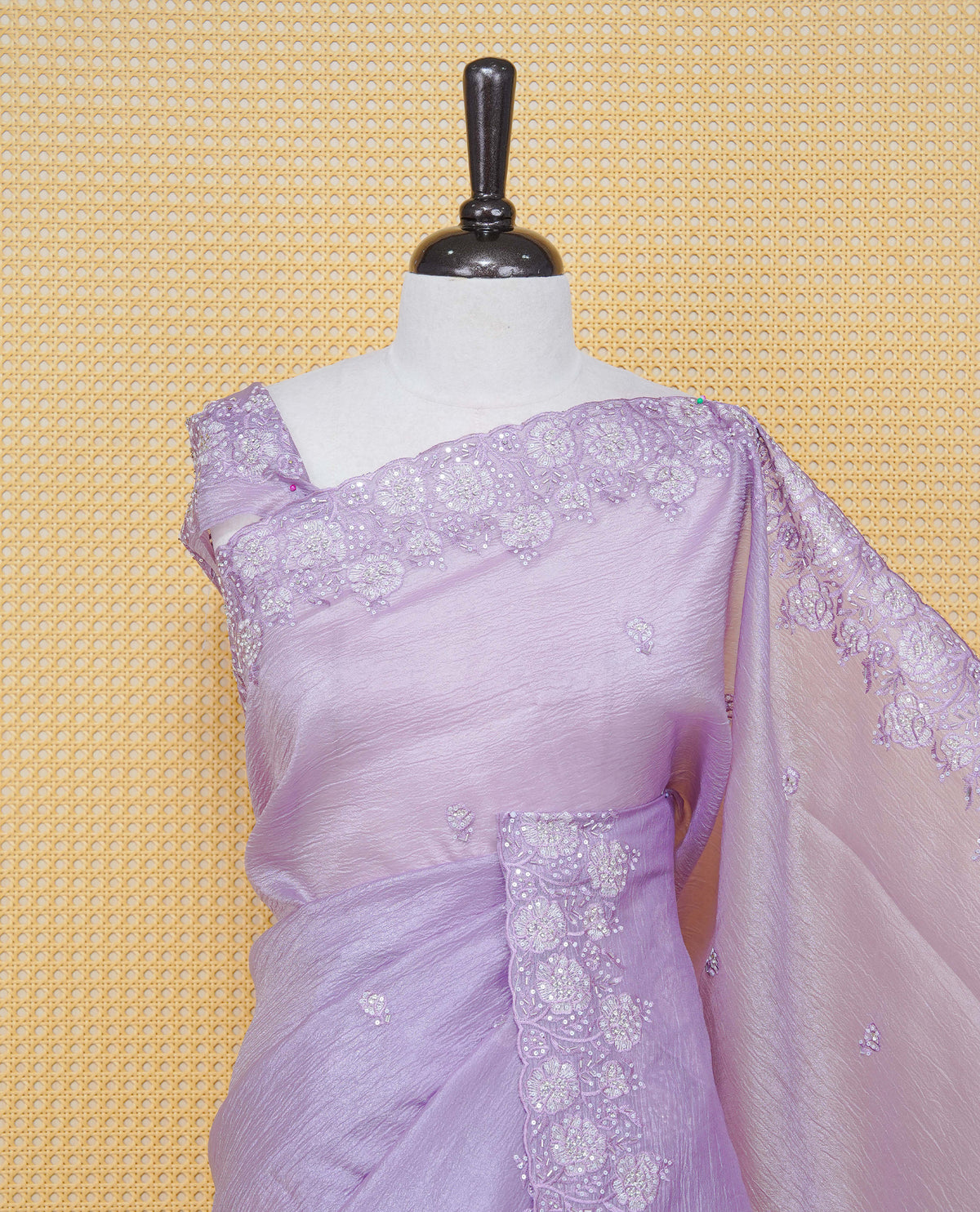 Pastel Purple colour Crush organza saree with Thread & Cut beat work.