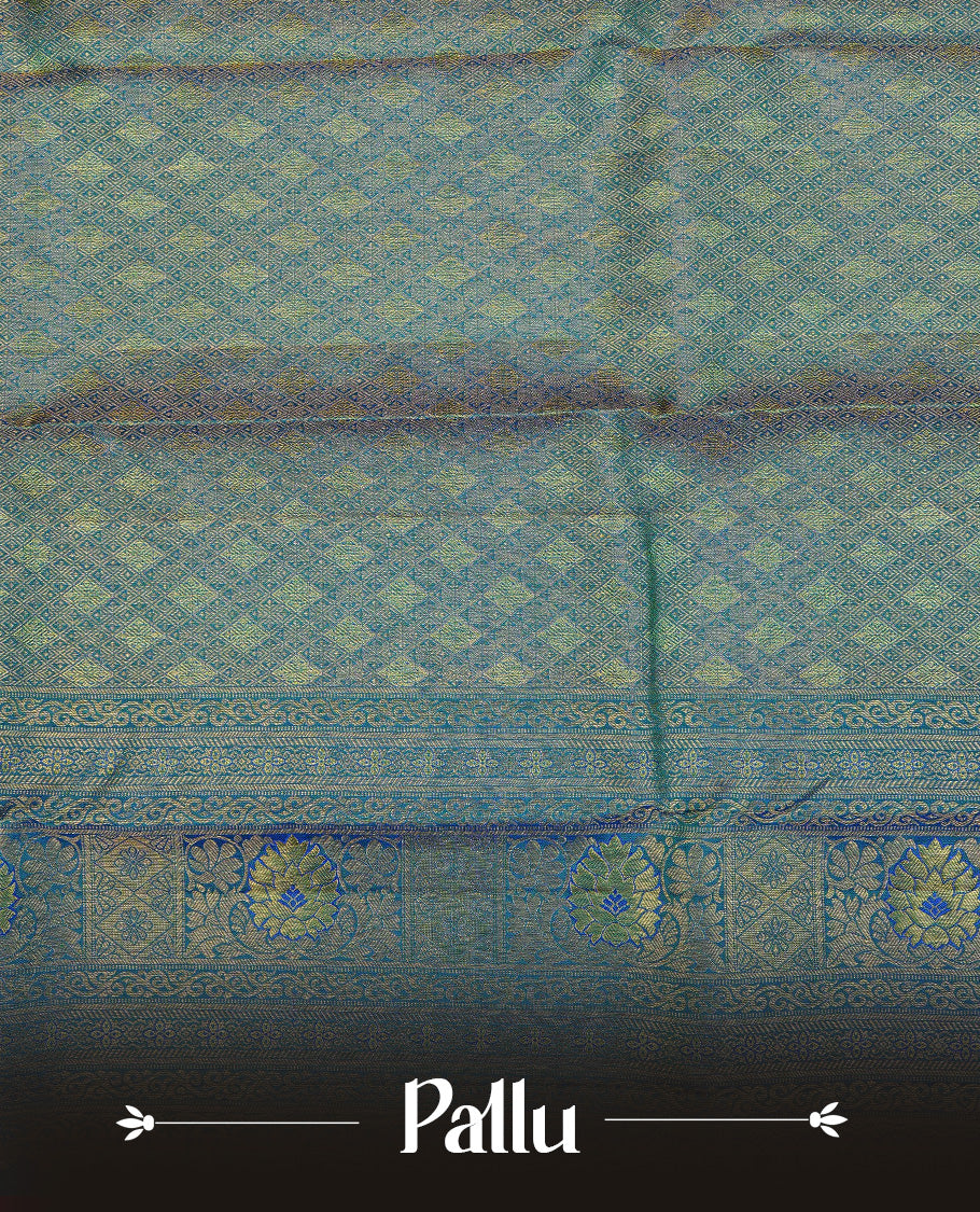 Green & Blue Dual Colour Pure Kancheepuram Silk Saree Featuring Gold Zari Floral Pattern on the Body, Highlighting a Traditional Gold Zari Border, Paired with a Matching Blouse Piece.